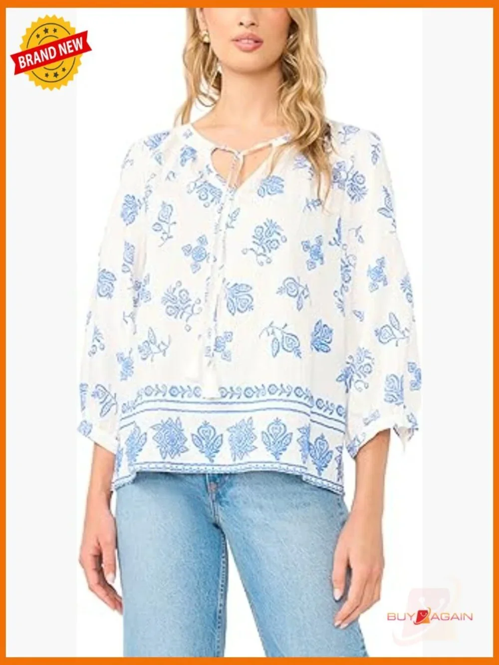 Tie Neck Peasant Sleeve Blouse, Rayon Blend, Relaxed Fit, Floral Pattern